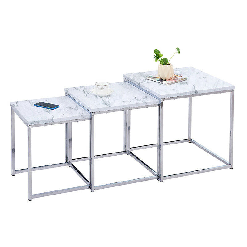 3 Pcs Nest of Table Side Beside Sofa Nested Table Living Room White Marble Vein