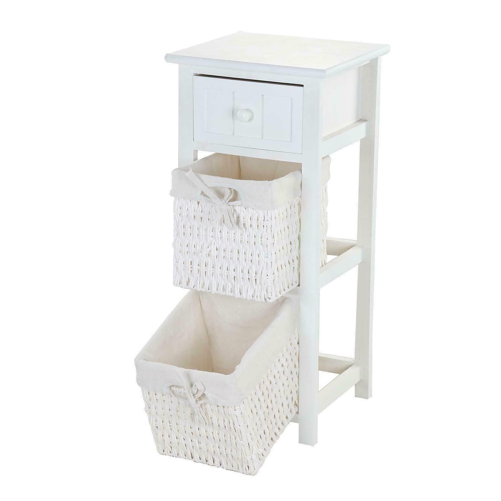White Shabby Chic Bedside Unit Tables Drawers Cabinet + Wicker Storage Wooden UK