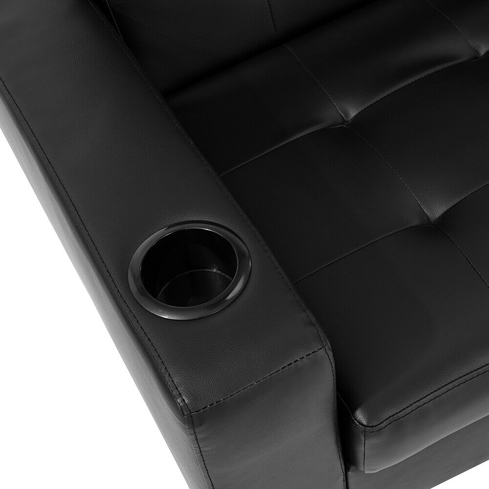 3 Seater L-Shaped Black Faux Leather Sofa Bed w Ottoman & Cup Holder Recliner