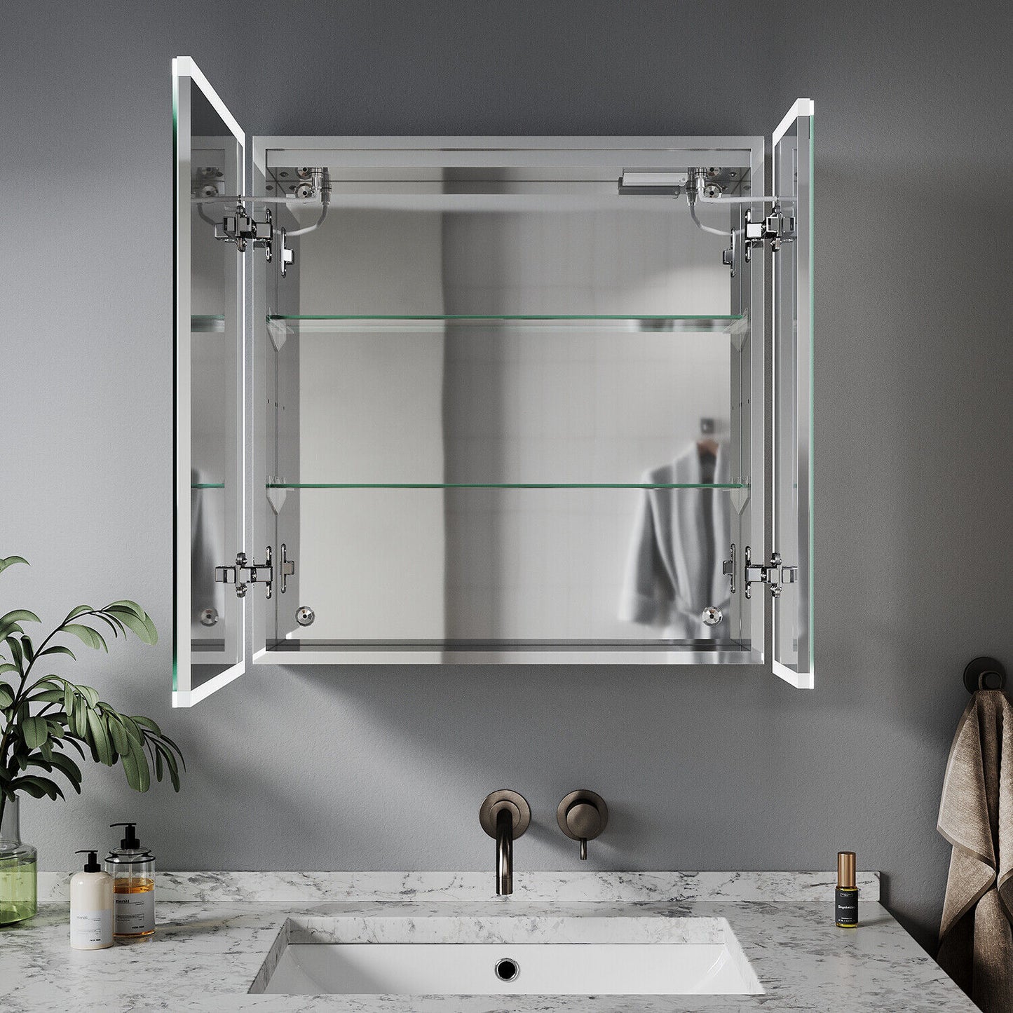 LED Bathroom Mirror Cabinet With Bluetooth Socket Demister 3 Color Light 600x630