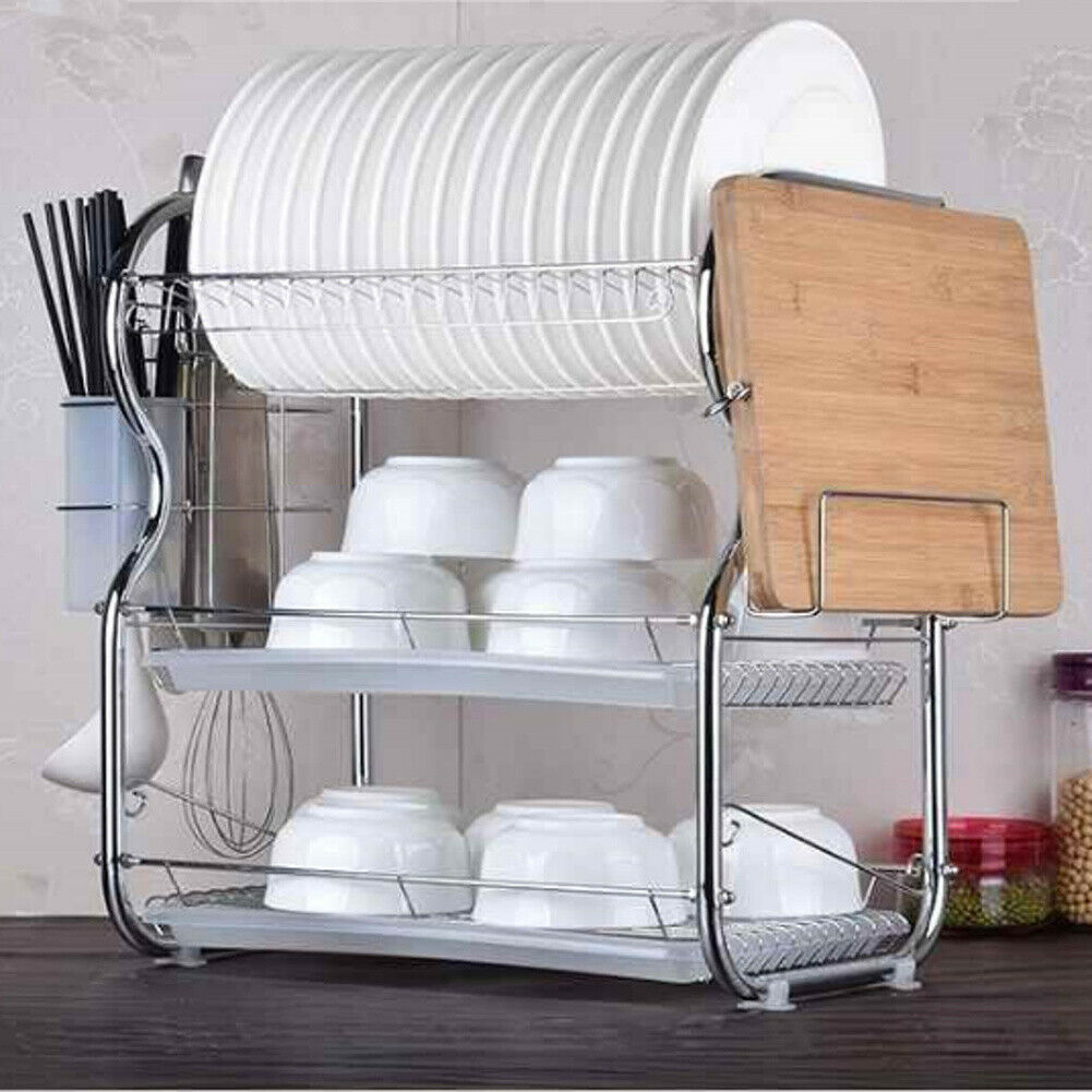 3 Tiers Stainless Steel Kitchen Dish Rack Cup Drying Drainer Tray Cutlery Holder