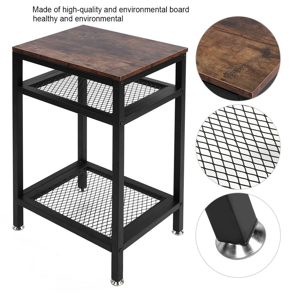 3 Tiers Bedside Table Industrial Nightstand Side End Table Metal Shelf Storage