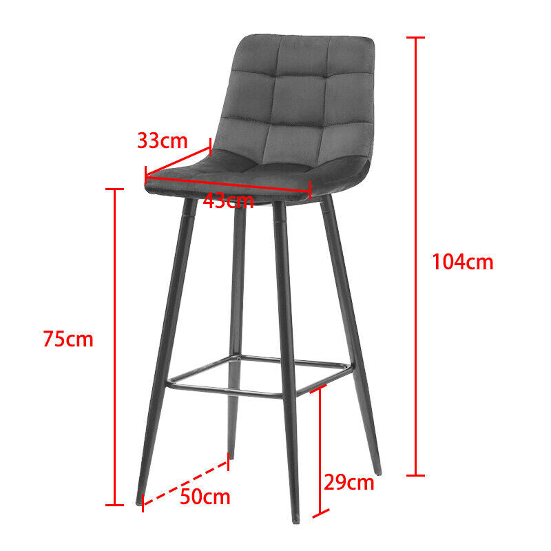 2X Grey Velvet Bar Stools Breakfast Pub Chair With Footrest Modern Home Kitchen