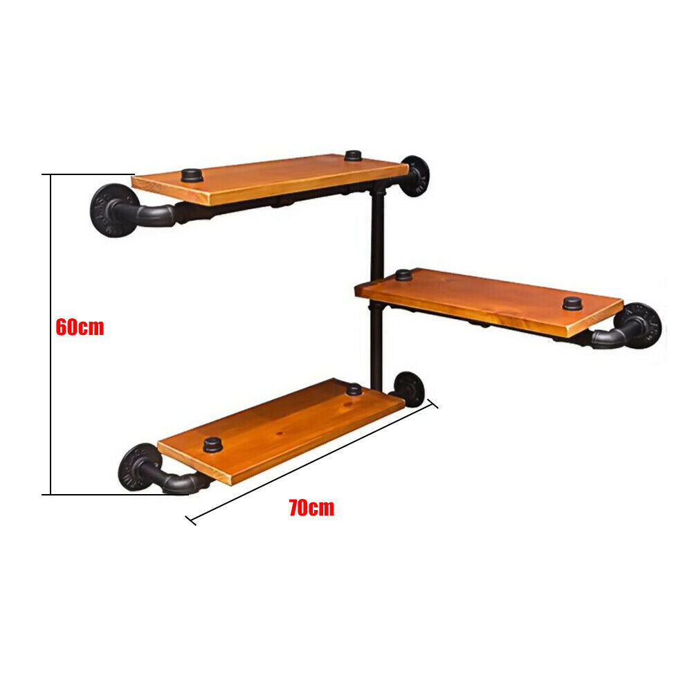 3 Tiers Large Rustic Industrial Pipe Wall Floating Shelf Wooden Storage DIY