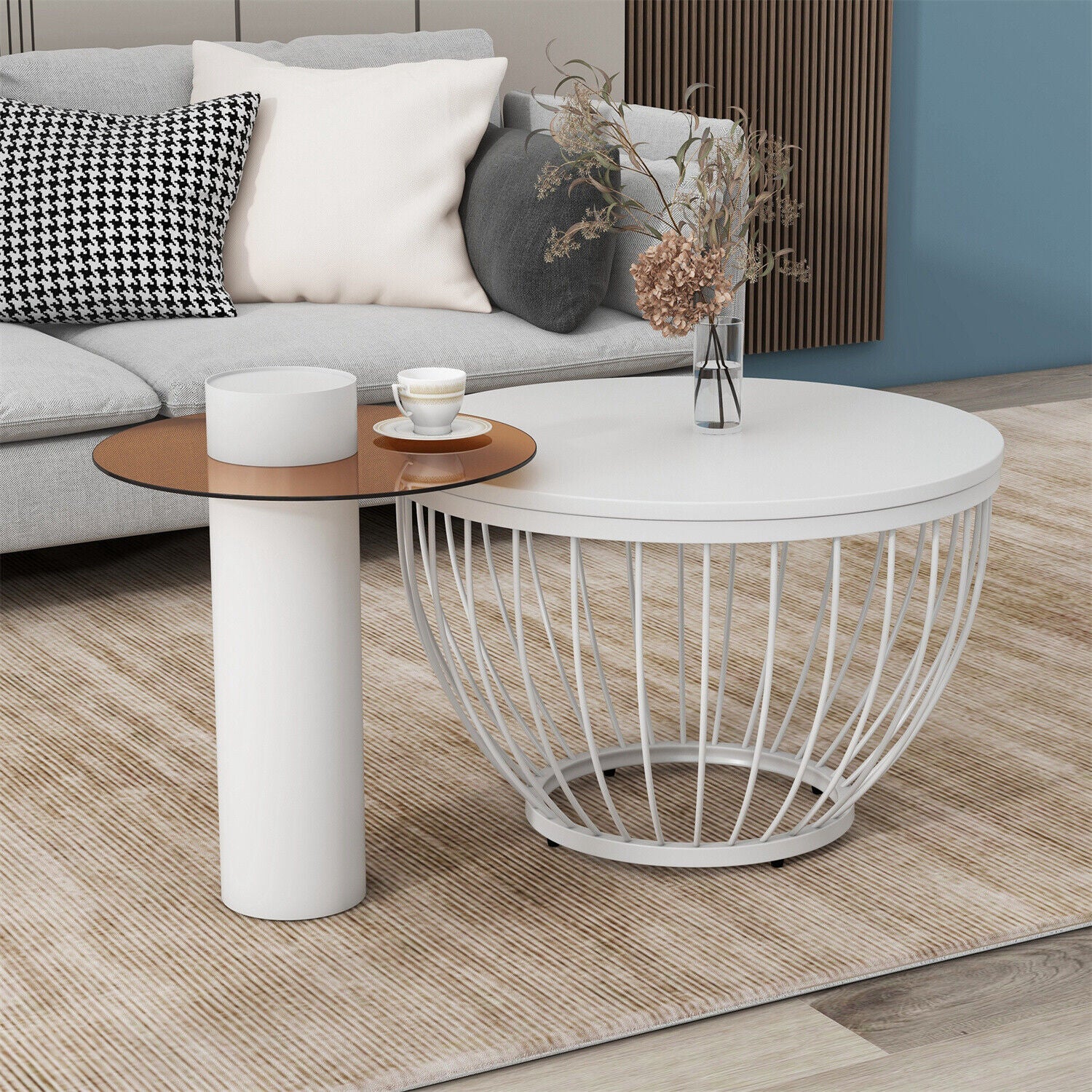Modern Round Coffee Table Set of 2 Nesting Table Metal Frame Marble Effect HT