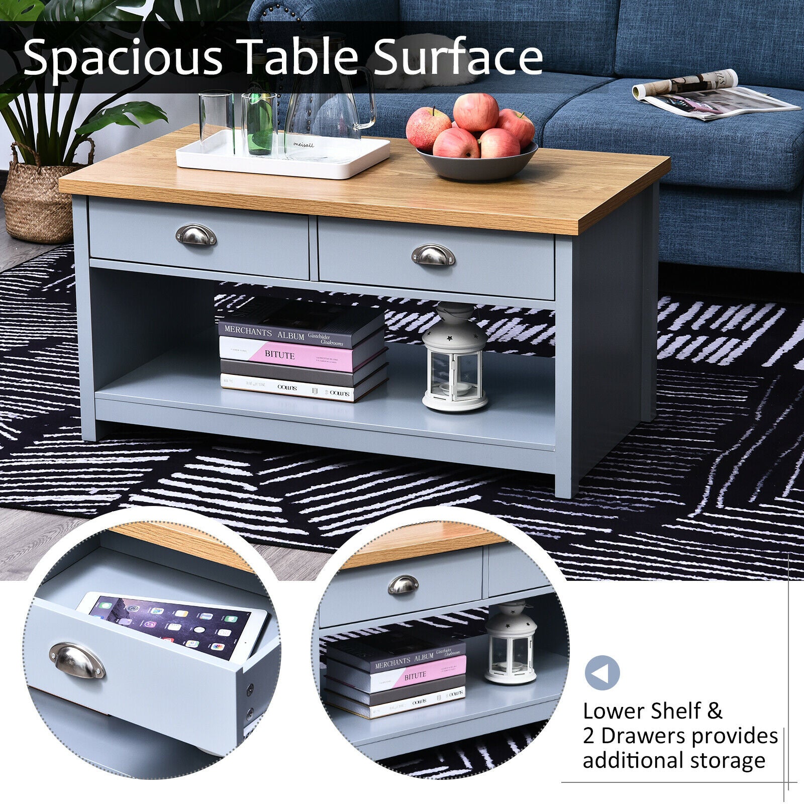 Coffee Table w/ 2 Drawers Open Display Wood Effect Tabletop Retro Style