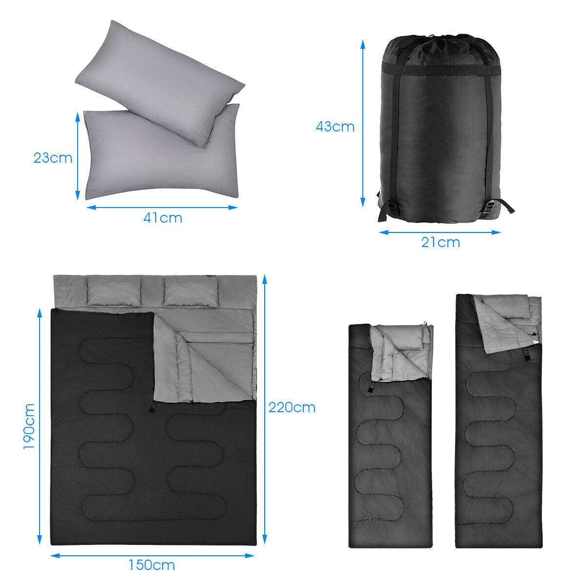 Waterproof Double Sleeping Bag Outdoor Camping Single Convertible W/ Pillows&Bag