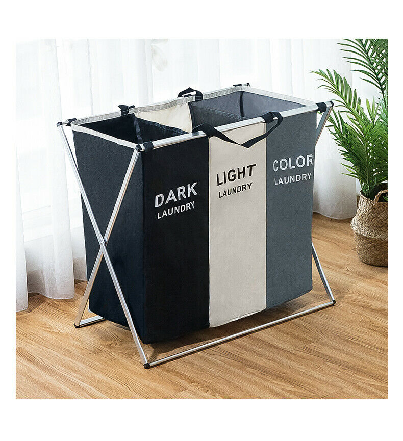 3 Compartments Laundry Clothes Basket Wash Hamper Bin Folding Dirty Storage Bag