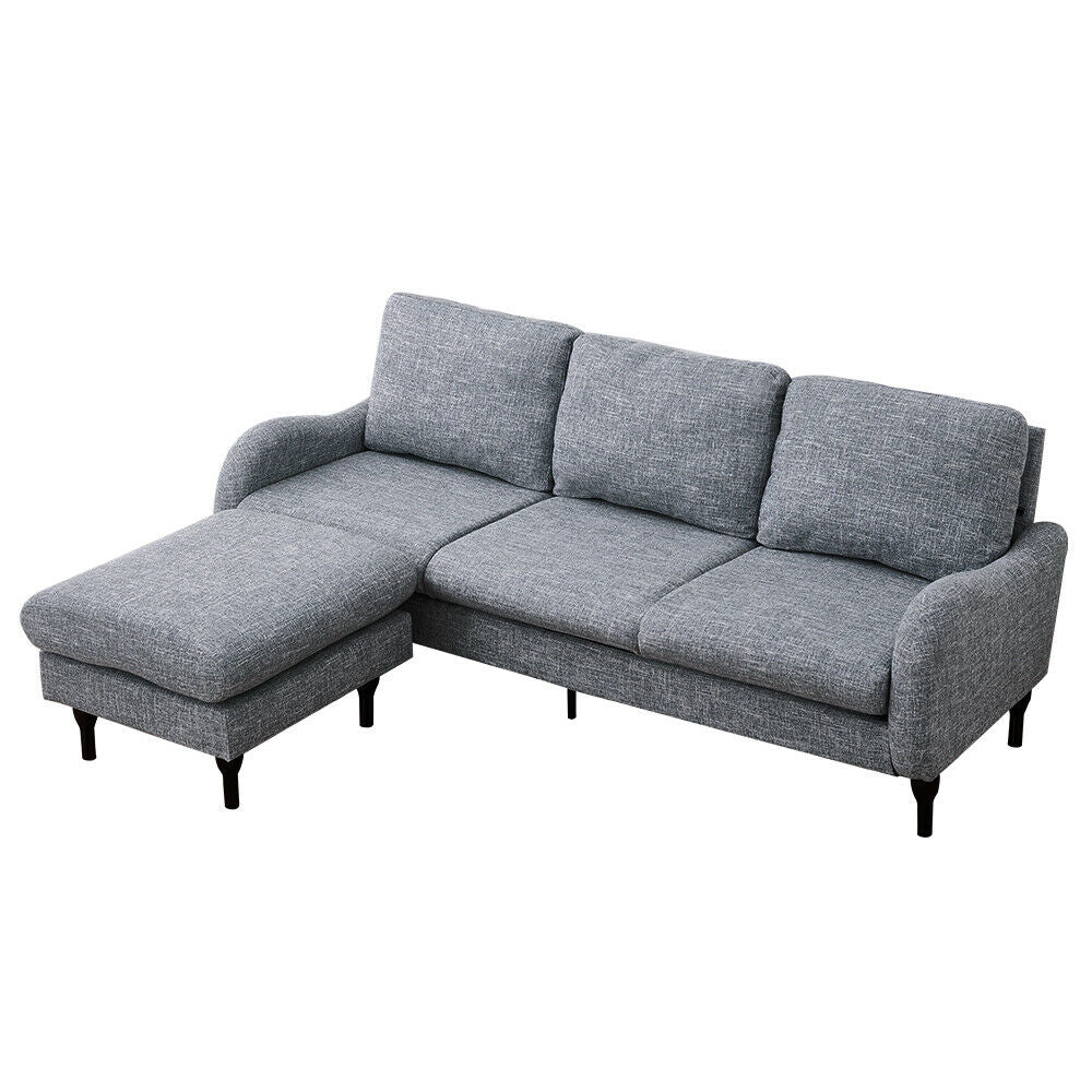 3 Seater L-Shaped Grey Velvet, Linen Fabric Corner Sofa Settee with Footstool UK