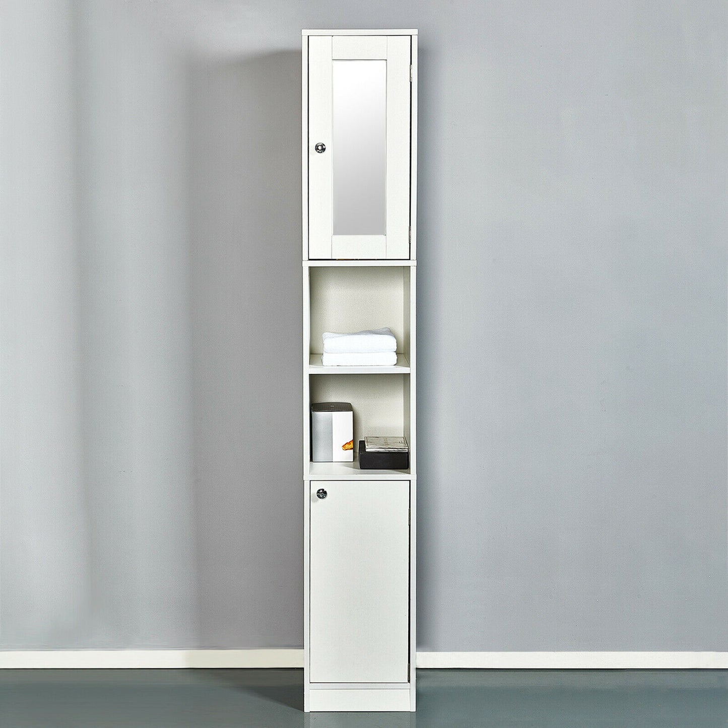 Bathroom Cabinet Shelf Mirror Door Tallboy Cupboard Unit Storage White 180 CM