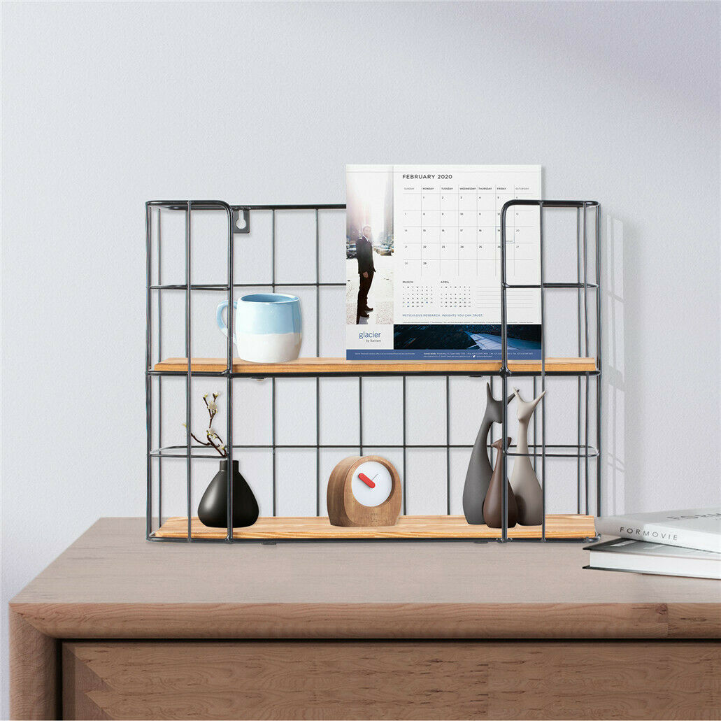 2 Tier Wall Mounted Metal Wire Wood Shelf Floating Shelves Kitchen Storage Rack