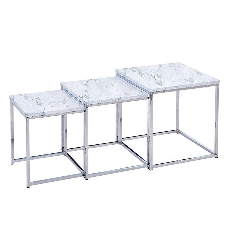 3 Pcs Nest of Table Side Beside Sofa Nested Table Living Room White Marble Vein