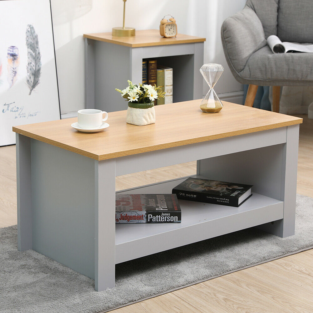 Modern Coffee Tea Table Writing Desk with Lower Shelf Storage Unit Wood Effect