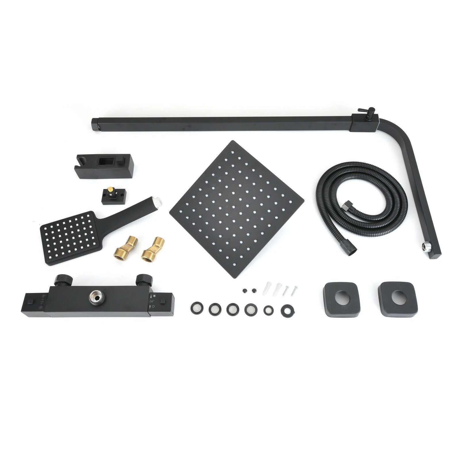 Bathroom Thermostatic Mixer Shower Set Square Black Twin Head Exposed Valve