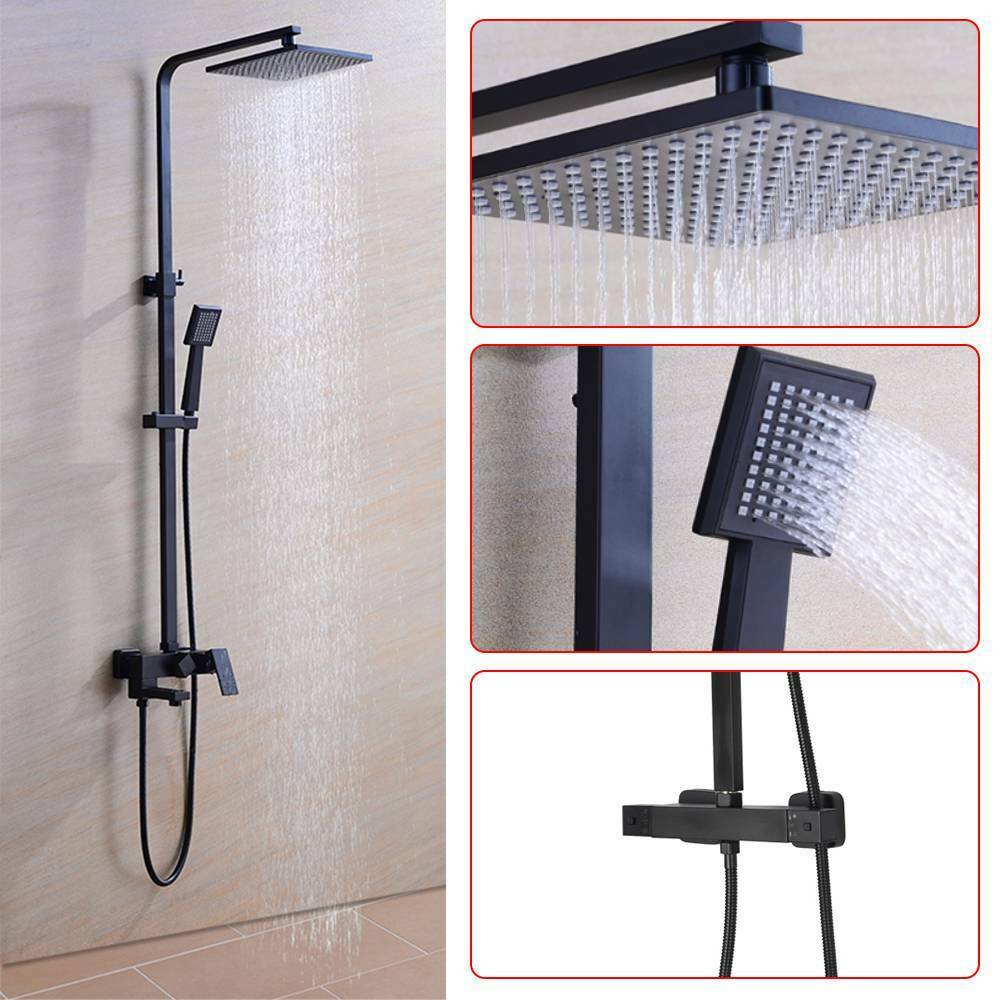 Bathroom Thermostatic Mixer Shower Set Square Black Twin Head Exposed Valve