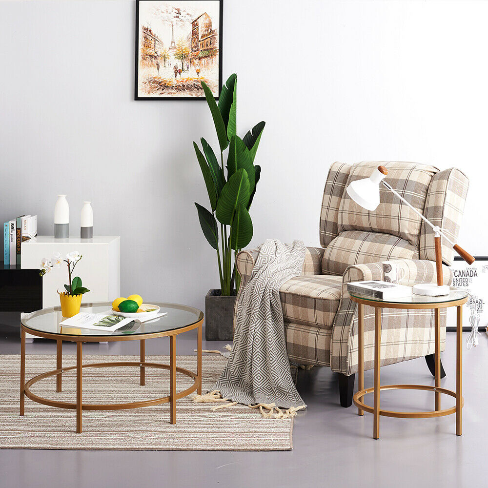 Round Coffee Table Satin Gold Clear Glass Top Finish / Metal End Side Tea Table