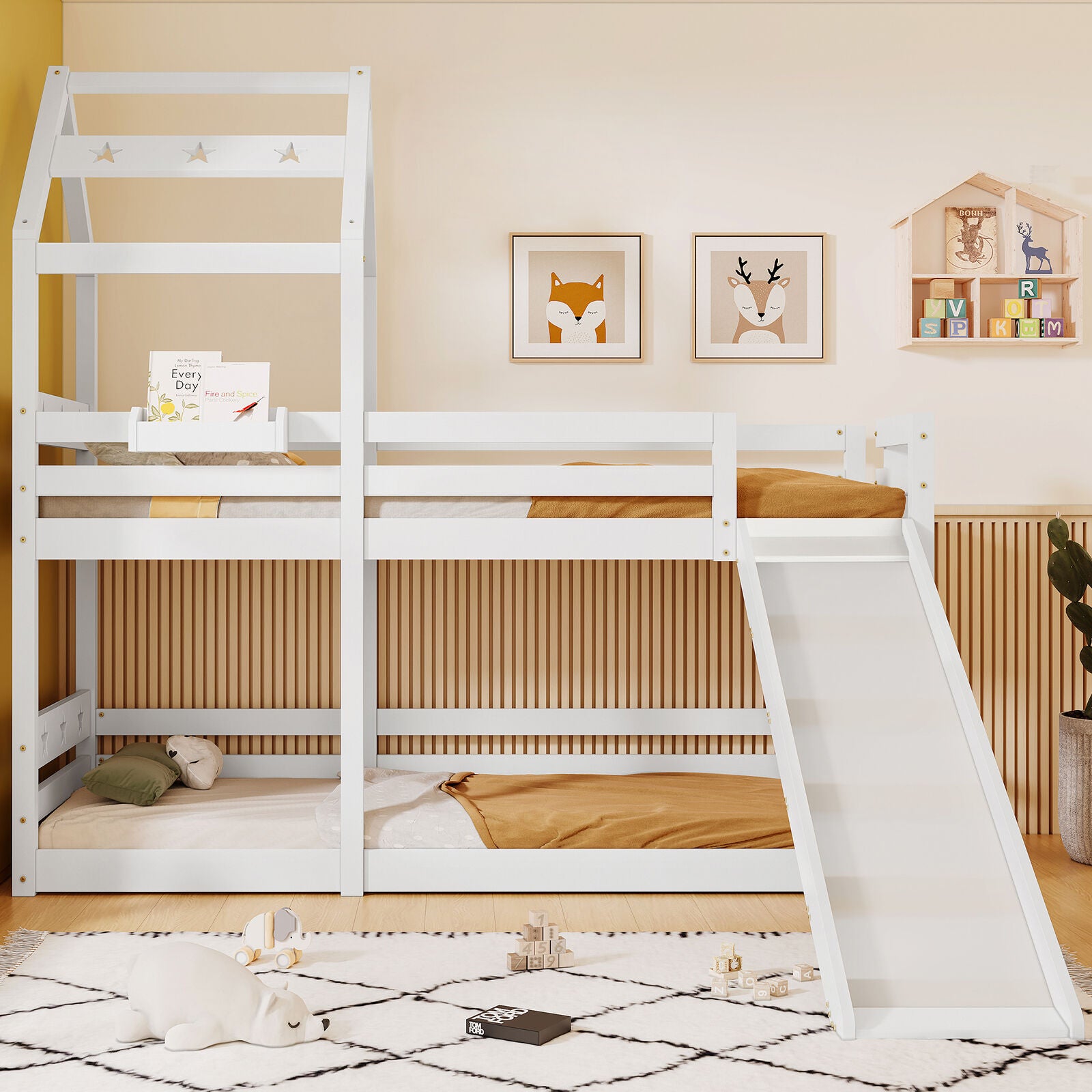 Kids Bunk Bed 3FT Single Pine Bed Frame High Sleeper Bed with Slide Ladder HT