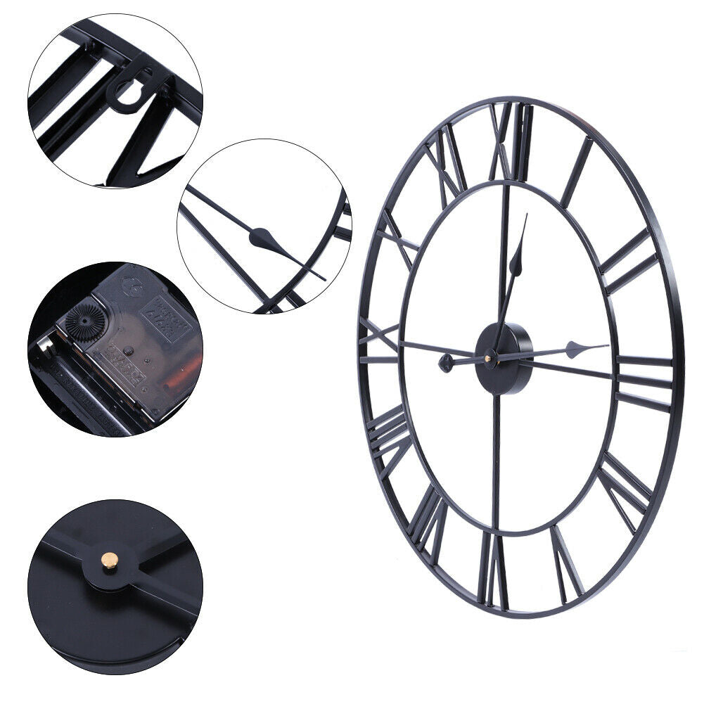 60cm Roman Numeral Wall Clock Indoor Outdoor Garden Metal 60CM Round Face Black