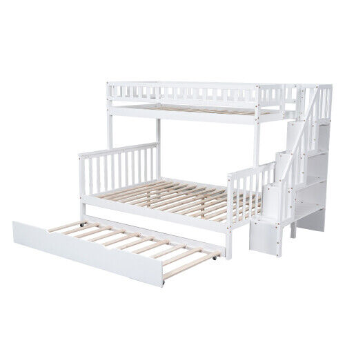 3ft & 4ft6 Kids Wooden Bunk Beds with Stairs and Pull Out Trundle Bed Frame HT