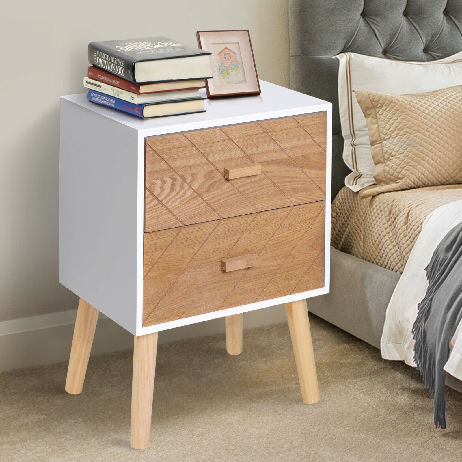 Nordic Style Scandinavian Bedside Table Drawers Cabinet Solid Wood Legs Bedroom