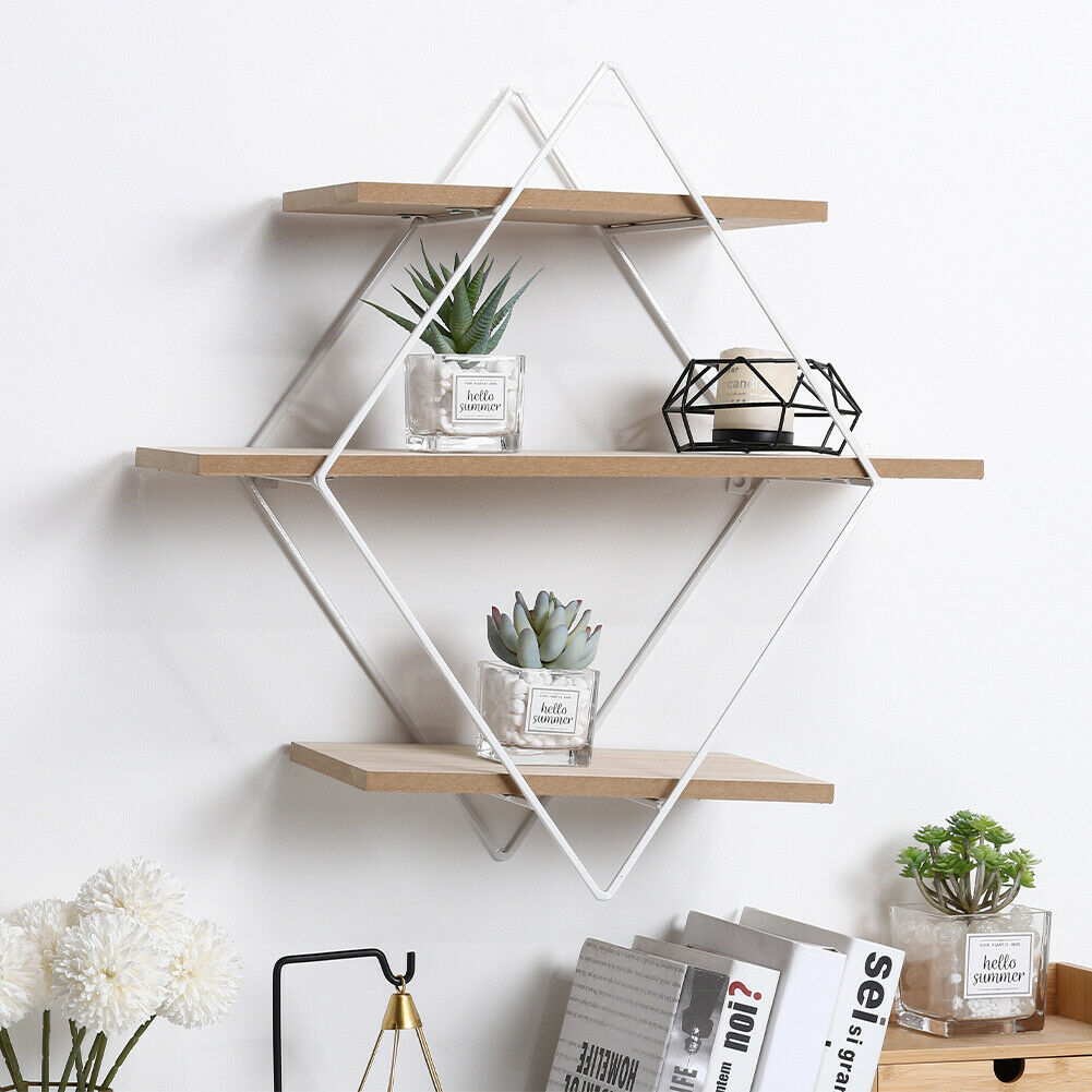 3 Tier Metal Wood Wall Mounted Shelf Home Office Diamond Display Shelving Rack