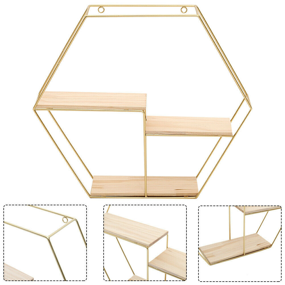 3 Wooden Shelves Metal Wall Mounted Hexagon Shelf Wire Display Storage Rack Unit
