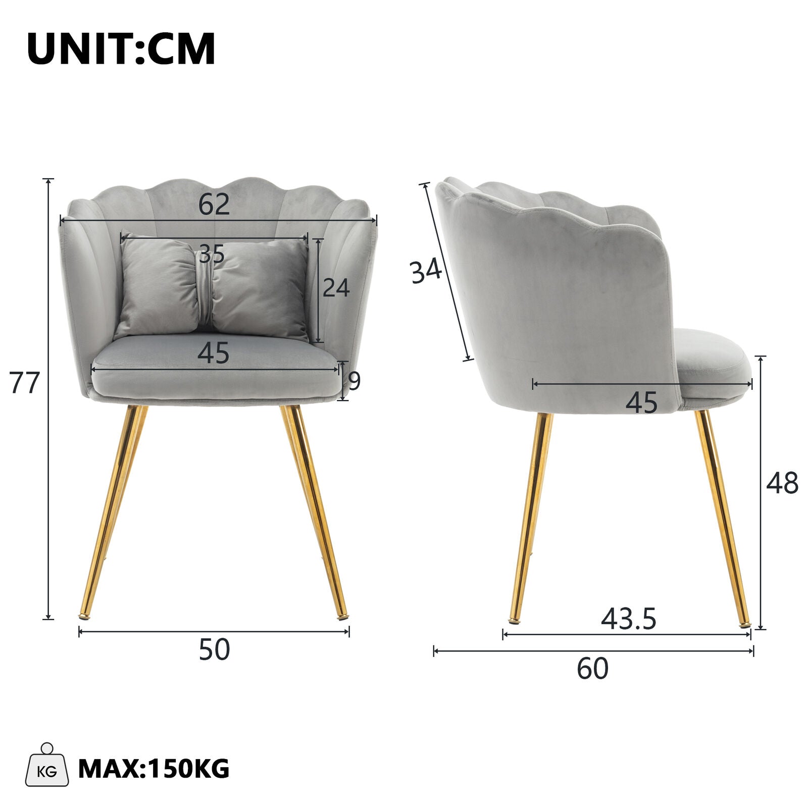 Velvet Dining Chairs Armchair Upholstered Accent Chair with Gold Metal Legs HT