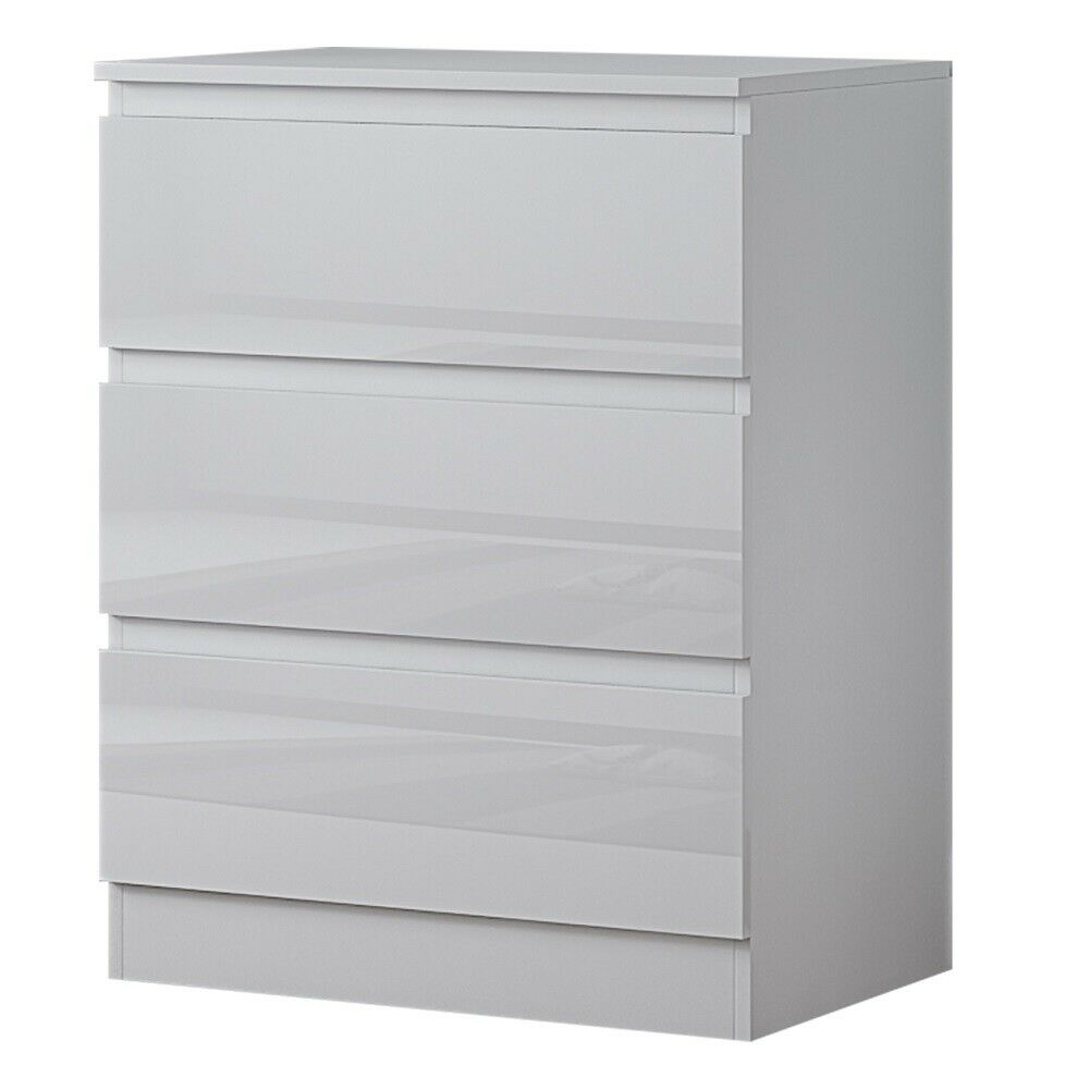 White High Gloss Deep 3 Drawer Bedroom Modern Chest of Drawers. Matt white frame