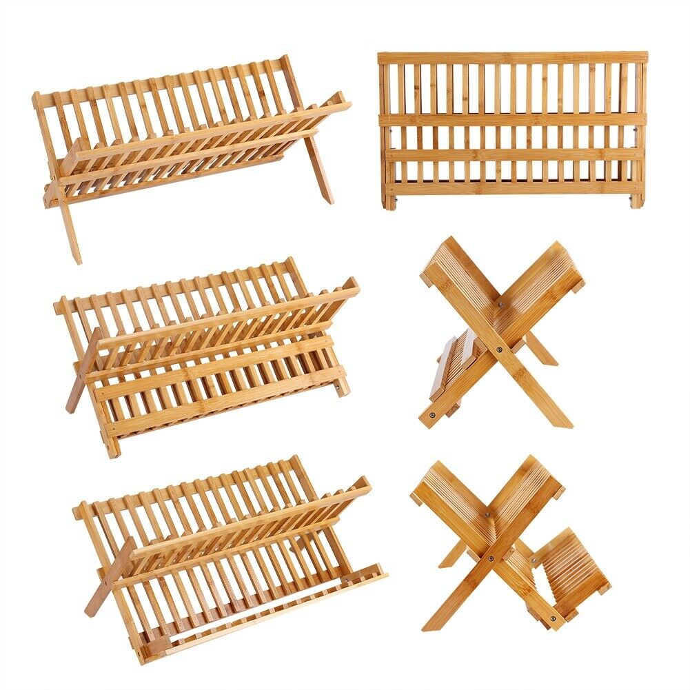 Folding Bamboo Wooden Draining Rack Dish Drainer Plate Washing Up Counter Sink