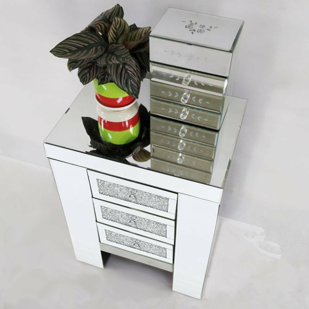 3 Drawers Mirrored Glass Bedside Table Side Cabinet Crystal Handles Bedroom UK