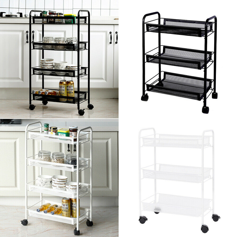 3 4 Tier Metal Mesh Rack BarStorage Trolley Cart Kitchen Bathroom Shelf w/Wheel