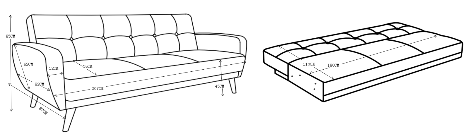 3 Seater Sofa Bed Charcoal Fabric Wooden Legs Cushioned Comfortable Sofabed