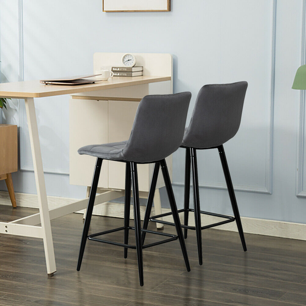 2X Grey Velvet Bar Stools Breakfast Pub Chair With Footrest Modern Home Kitchen