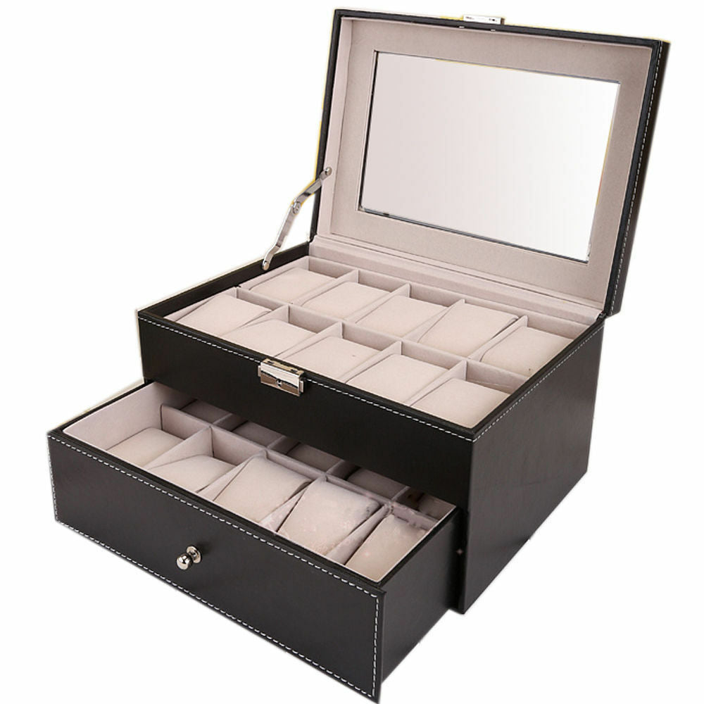 20 Watch Box Display Case Faux Leather Storage Jewellery Box Glass Top UK