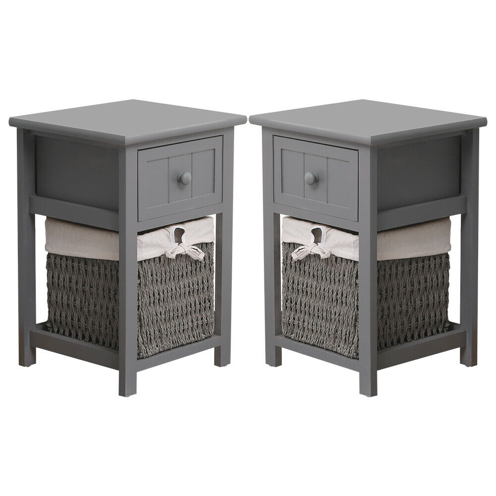 A Pair of Wooden Bedside Tables Storage Drawer Wicket Baskets Nightstand Cabinet