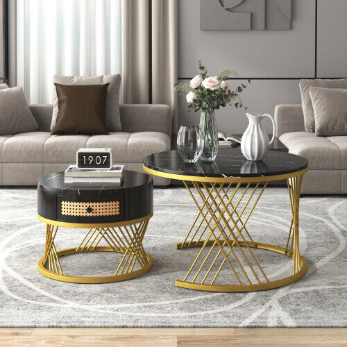 Modern Coffee Table Nesting Set of 2 Side Table Golden Frame Marble Effects HT