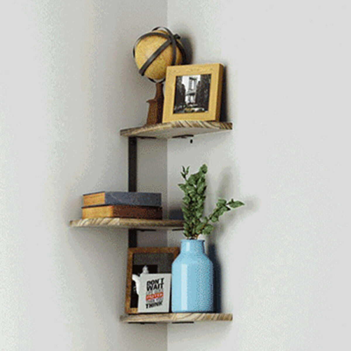 3 Tiers Rustic Wood Corner Shelf Home Display Storage Rack Wall Floating Shelf