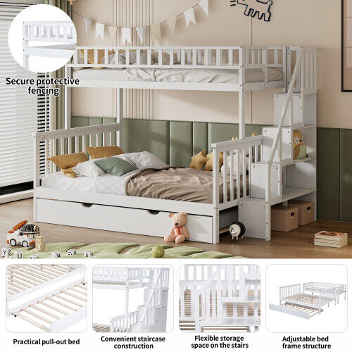 3ft & 4ft6 Kids Wooden Bunk Beds with Stairs and Pull Out Trundle Bed Frame HT