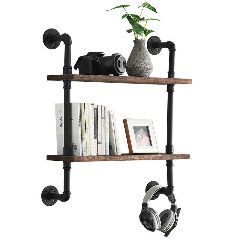 2 Tiers Industrial Floating Iron Pipe Shelf Retro DIY Wall Mounted Bracket