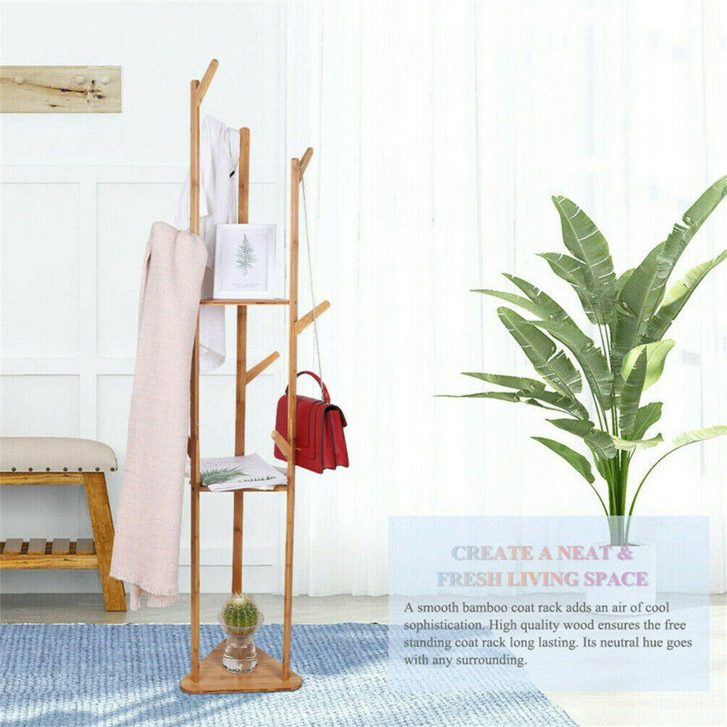 Natural Bamboo Coat Rack Stand Clothes Hanger Hat Jacket Bag Umbrella Scarf Hook