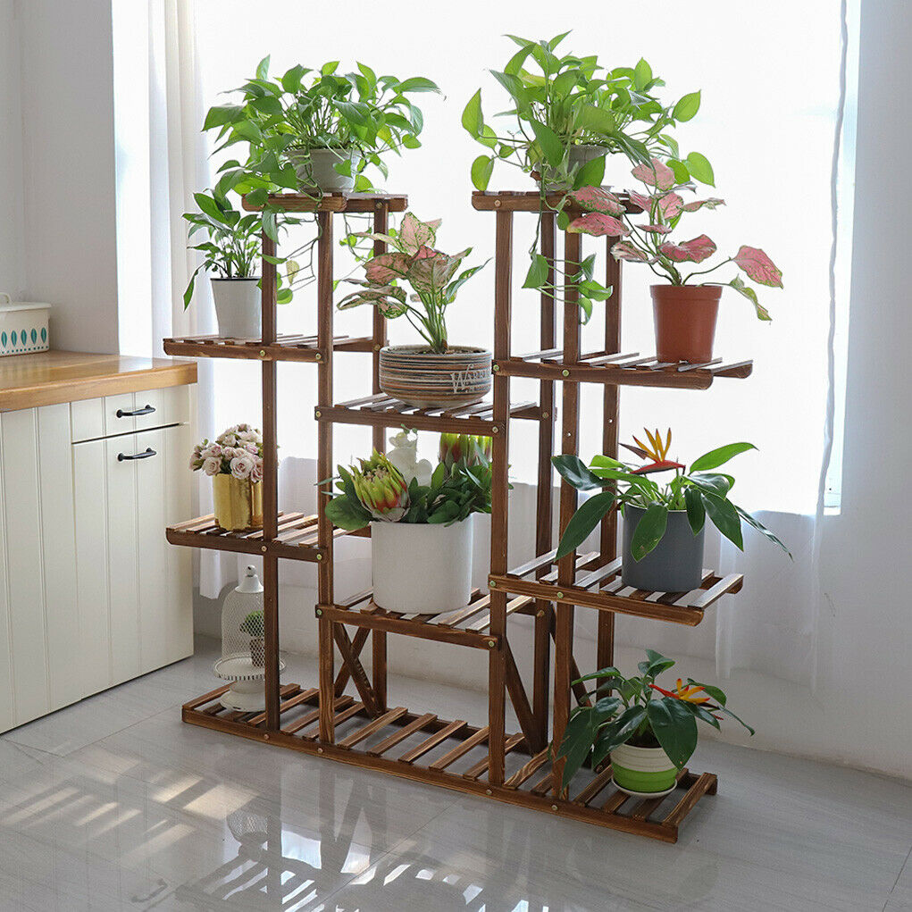 Symmetric Double Shelves Plant Stand 17 Potted Flower Pots Organizer Shelf Rack