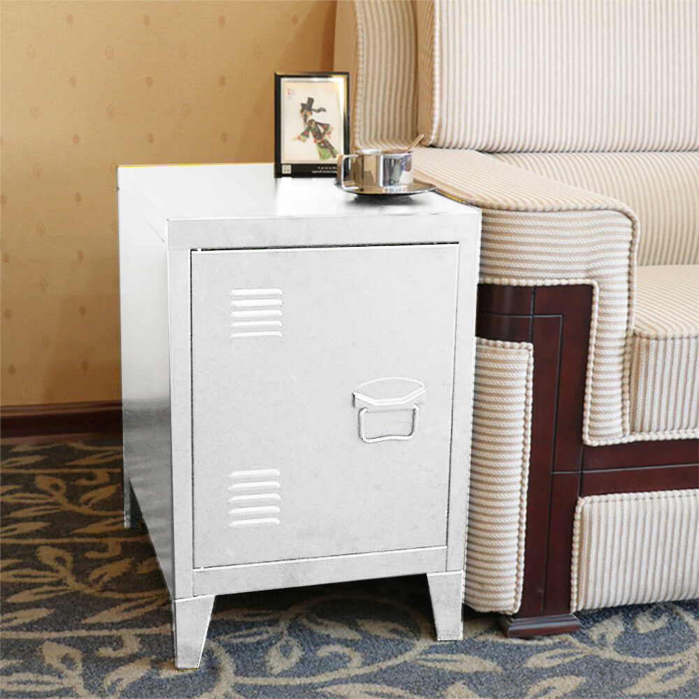 1 Pair Vintage Industrial Bedside Tables Retro Locker Side Cabinets White