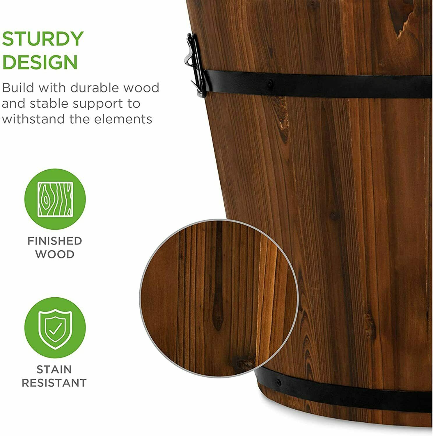 2PC Rustic Wood Whiskey Barrel Wooden Planter Round Plant Pot Outdoor Garden
