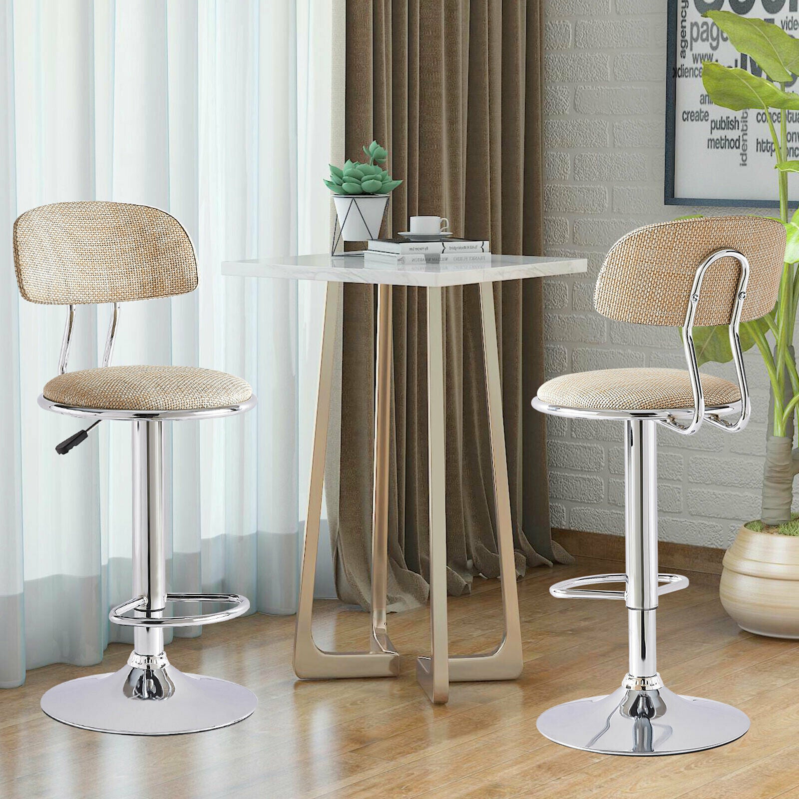 Bar Stools x2 Beige Swivel Barstools Gas Lift Rest Pub Chairs Kitchen Breakfast