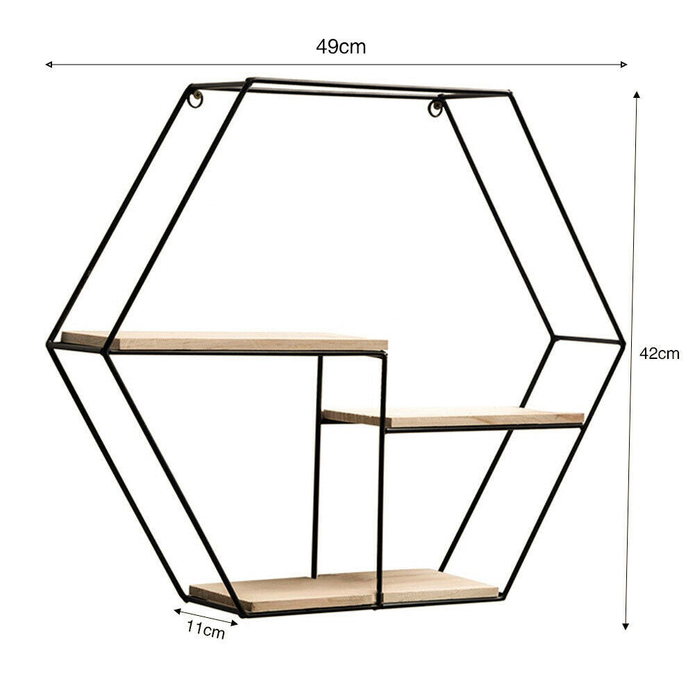 3 Wooden Shelves Metal Wall Mounted Hexagon Shelf Wire Display Storage Rack Unit