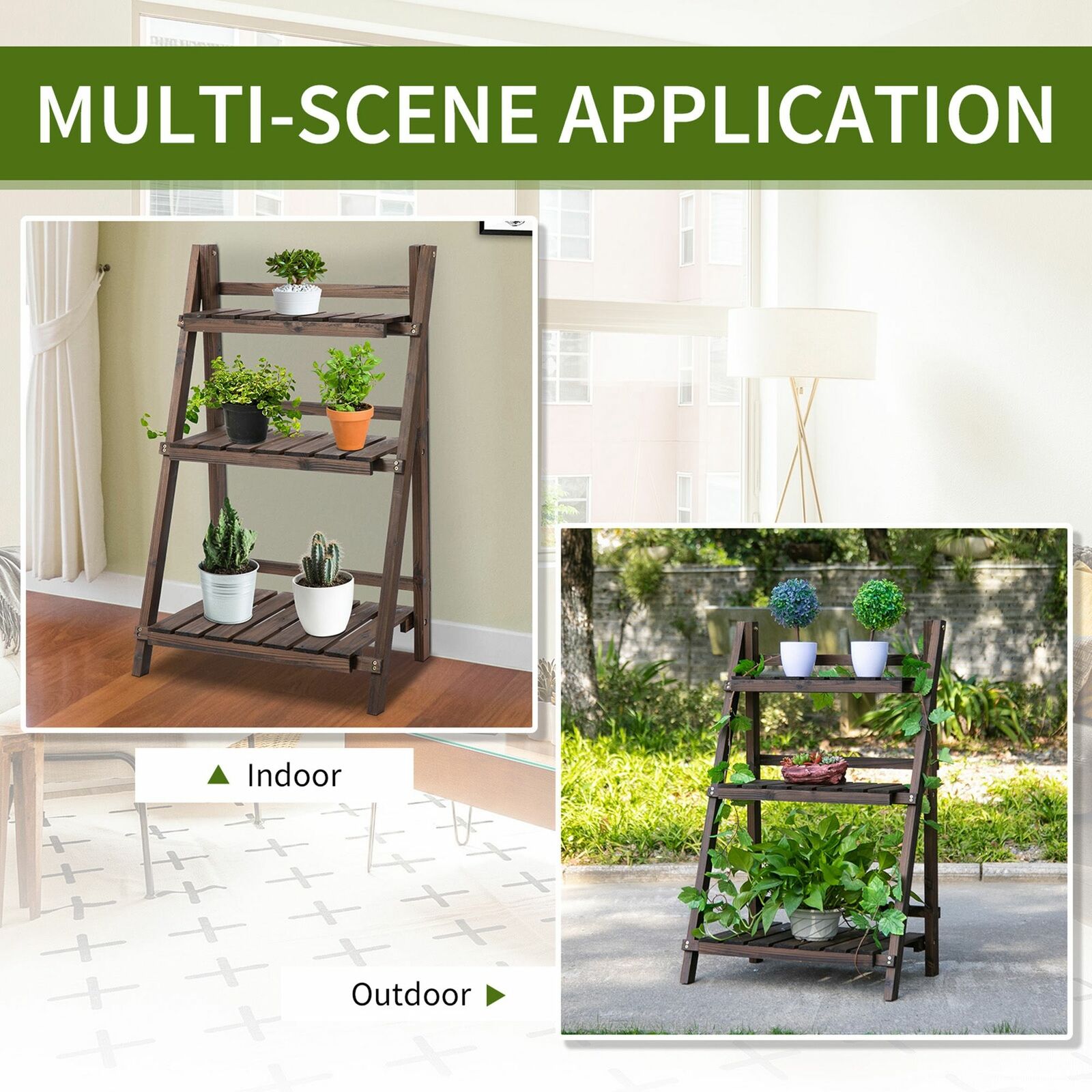 3-Tier Wooden Shelf Foldable Flower Pots Holder Stand Indoor Outdoor