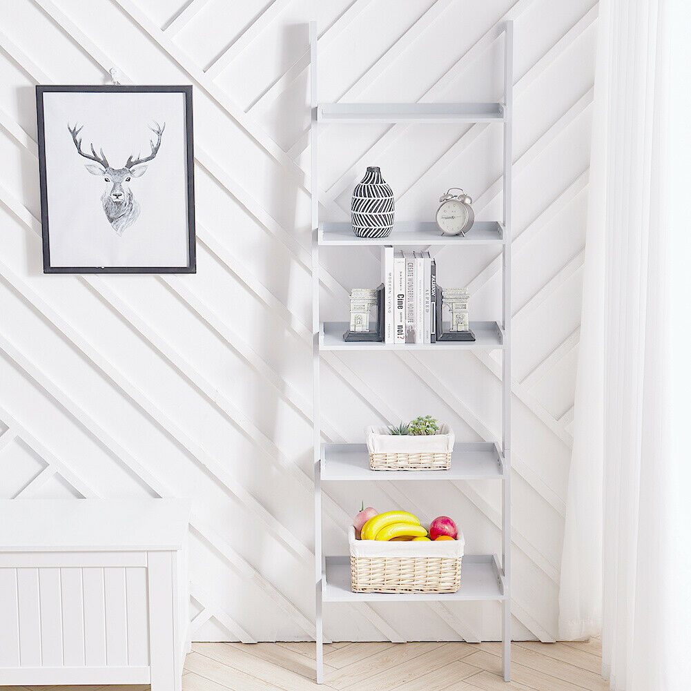 5 Tiers Ladder Wall Shelf Bookcase Shelving MDF Wood Storage Display Stand Home