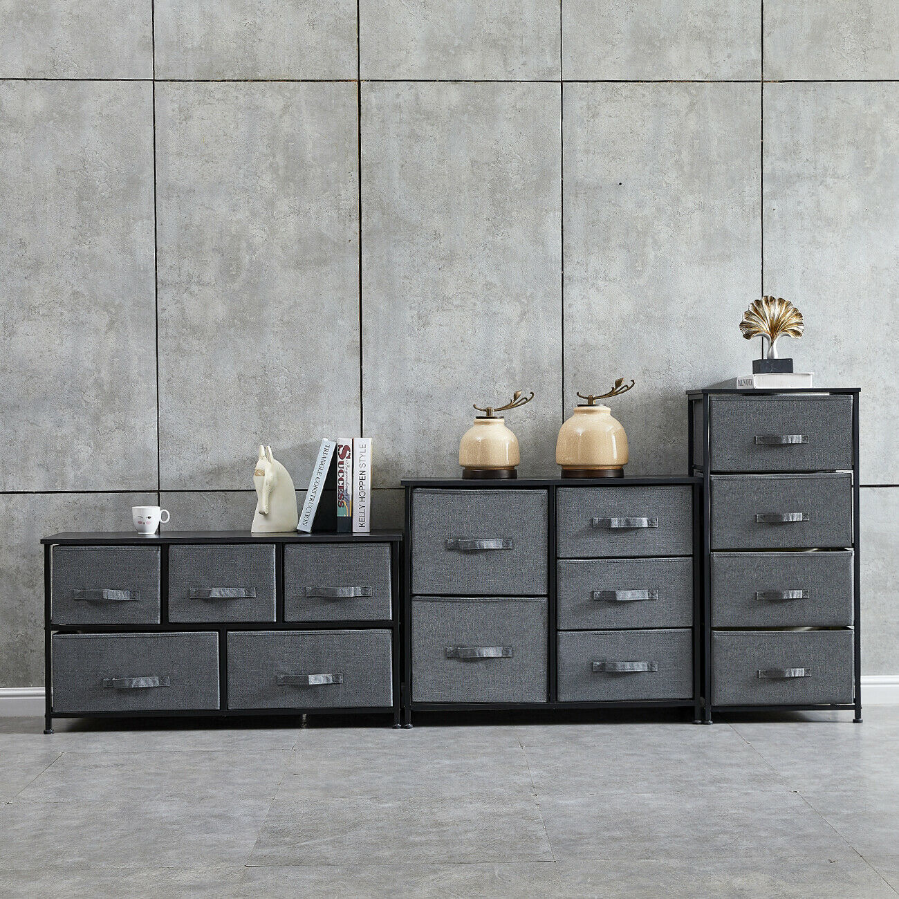 Dark Grey Fabric Cabinet Chest of Drawers Bedside Table Storage 2/3/4/5/7 Drawer