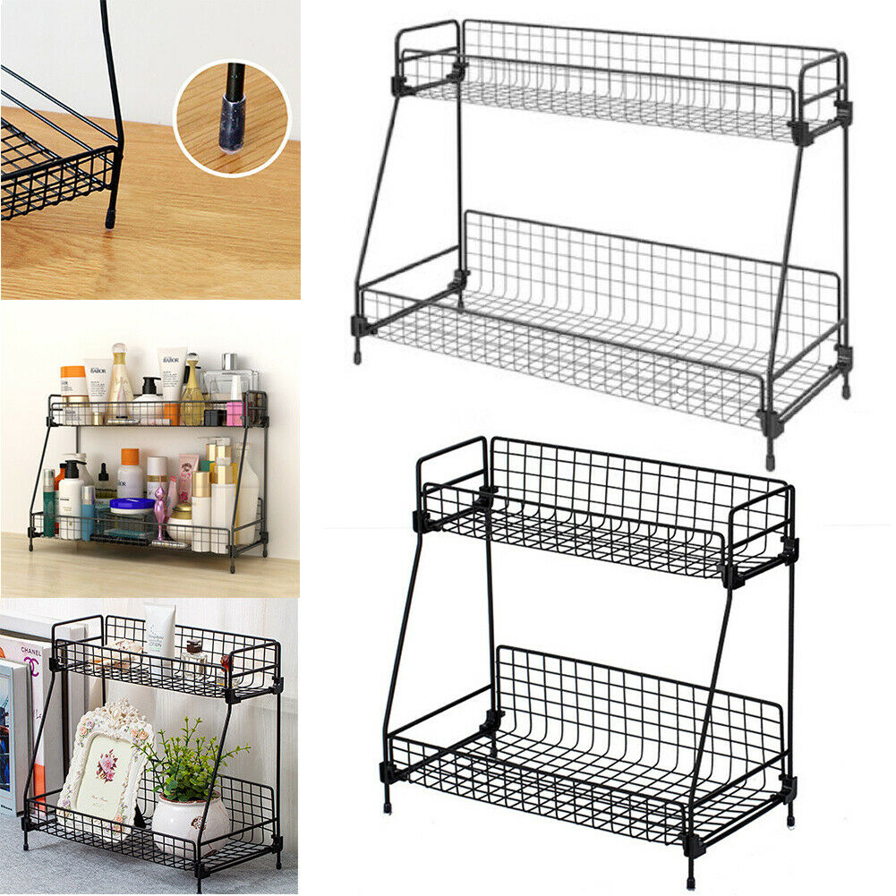 2 Tier Iron Rack Wire Basket Storage Container Desktop Shelf Kitchen Bathroom uk