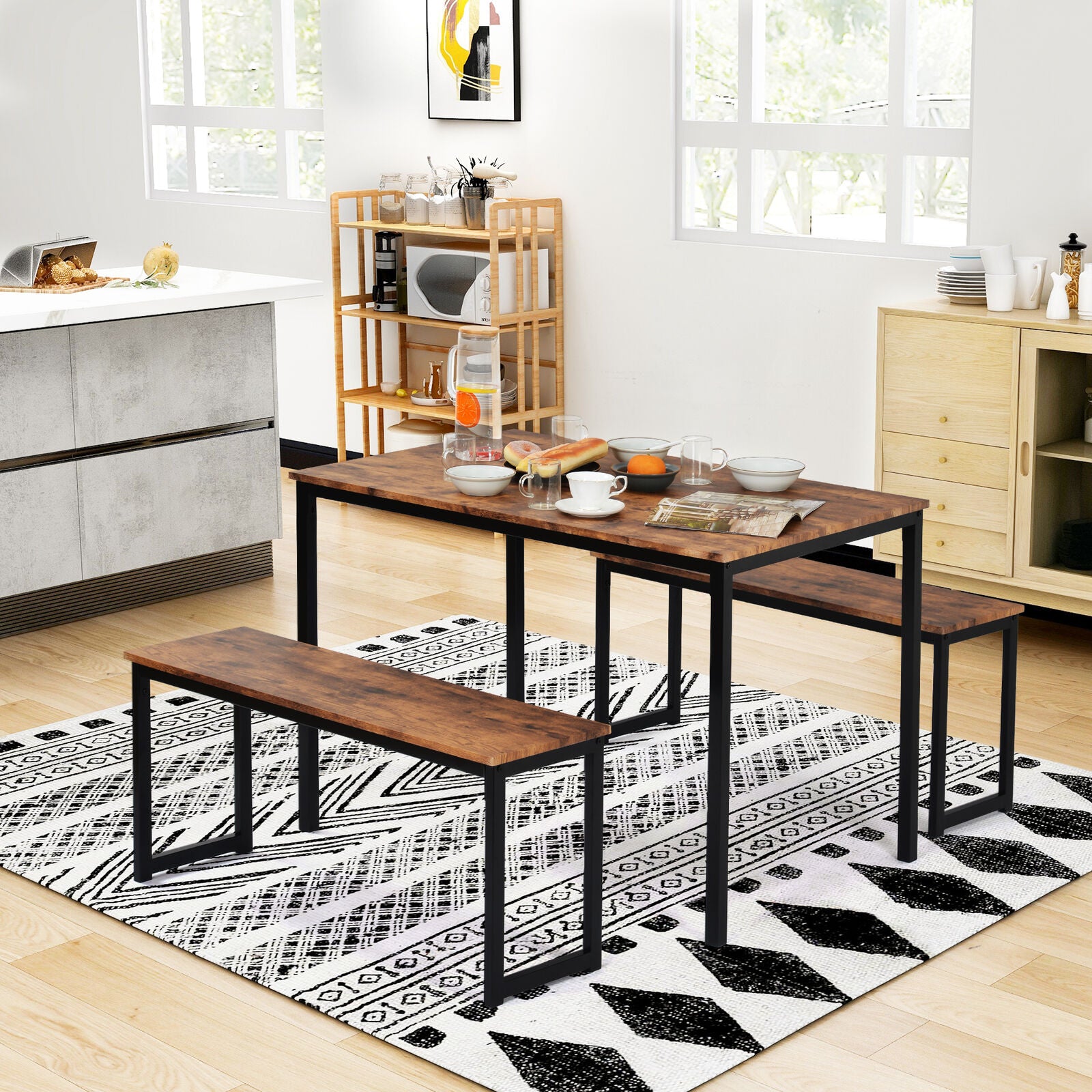 Wood Dining Table and Chairs Bench Set Kitchen Dining Room Home Furniture